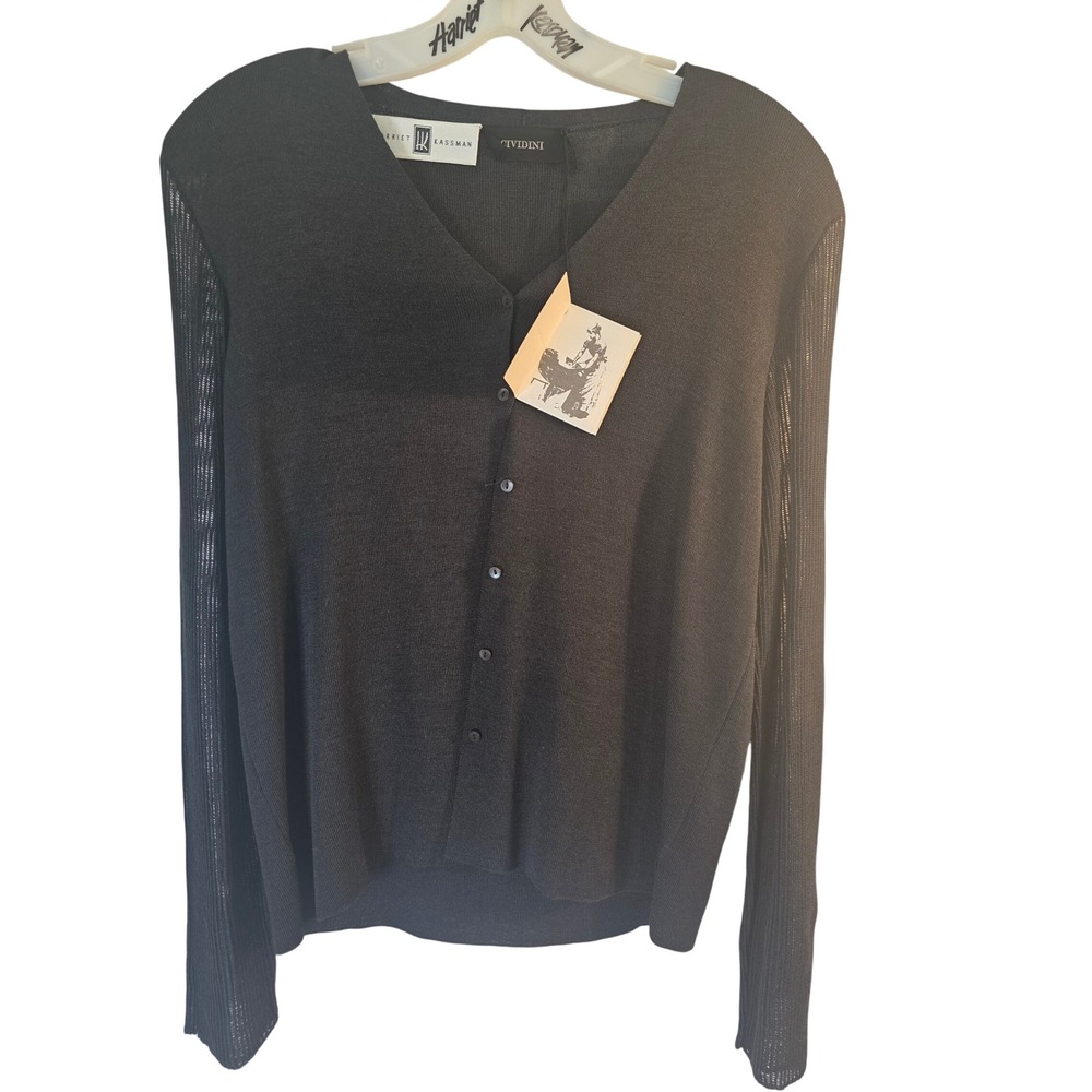 Cividini Italy Womens Charcoal Grey V-Neck Cardigan Sheer Sleeve Sweater NWT 40